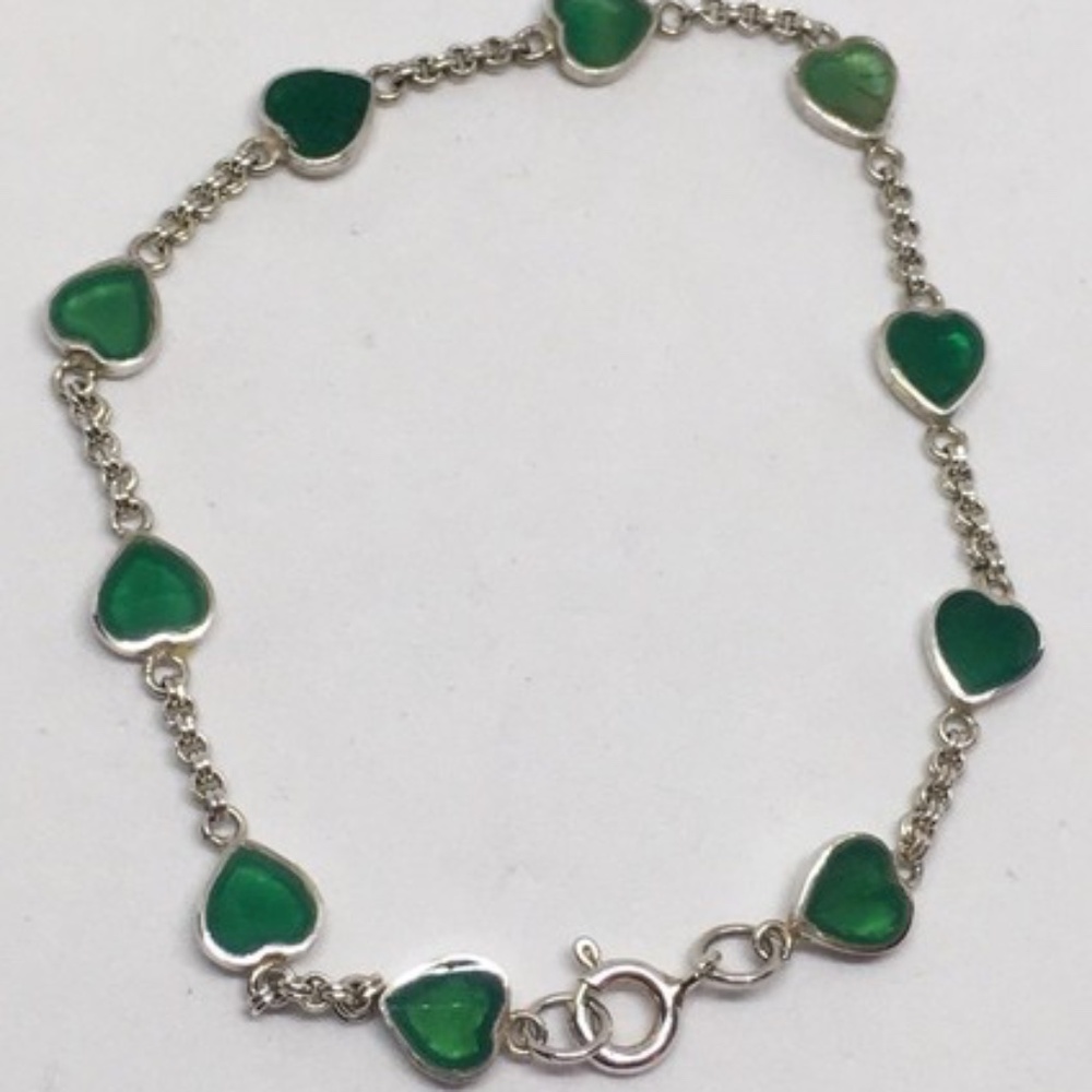 Vintage 7" Sterling Silver 925 Bracelet Featuring Hearts With Inlay Green Jade